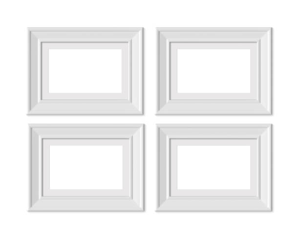 istock Set 3 2x3 A4 Horizontal Landscape vertical picture frame mockup. Framing mat with wide borders. Realisitc paper, wooden or plastic white blank for photographs. Poster frame mock up template on white background. 3D render. 1152846986