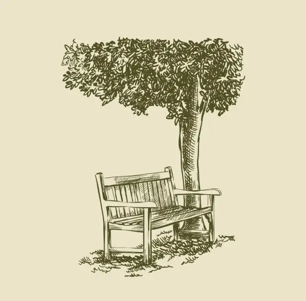 Vector illustration of vintage picture of a bench under a tree