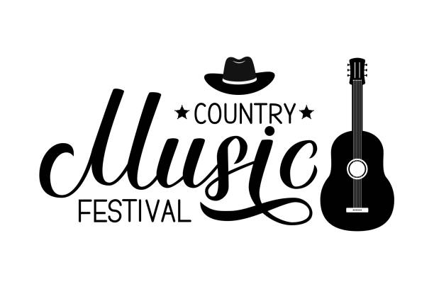 ilustrações de stock, clip art, desenhos animados e ícones de country music festival lettering with hat and guitar isolated on white. acoustic guitar musical show typography poster. easy to edit vector template for banner, sign,  flyer, invitation. - country and western music illustrations