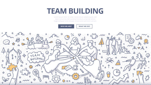 Team Building Doodle Concept Doodle vector illustration of team building technics and activities. Group of people stack hands over the table, working together as team. Teamwork concept for web banners, hero images, printed materials leadership drawings stock illustrations