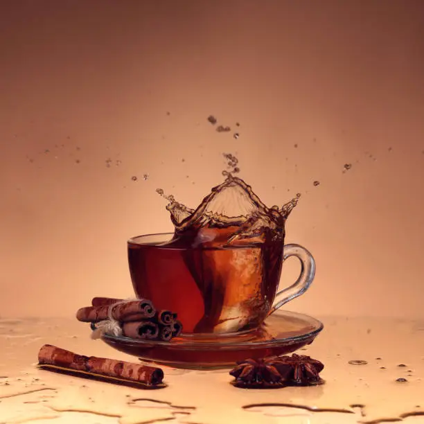 Cup of tea on glass with orange background