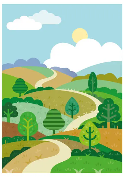 Vector illustration of Green rolling hills and road illustration