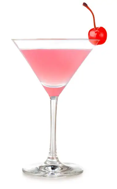 pink martini cocktail garnished with cherry isolated on white background