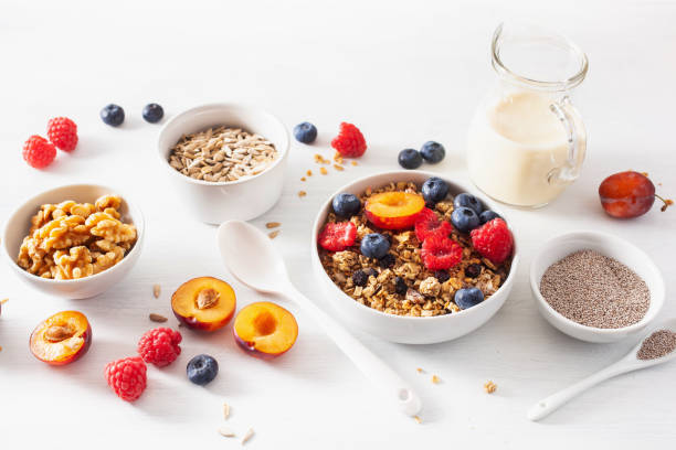 istock healthy granola for breakfast with berry fruit nut, vegan milk 1152854568