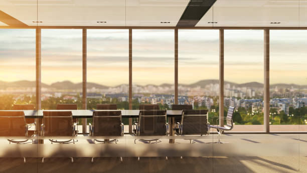 illustration of meeting room with city view at sunset stock photo