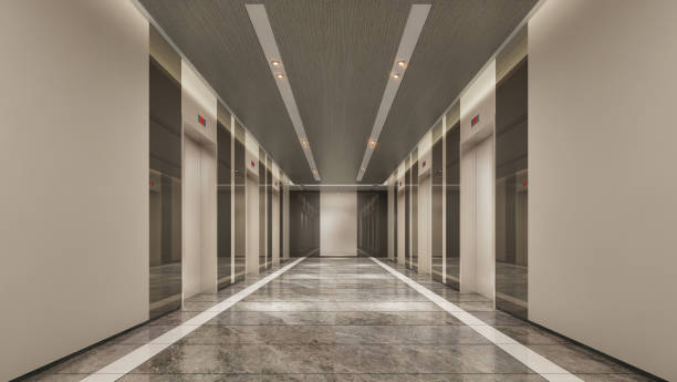 istock 3D rendering of modern office lift lobby 1152856993