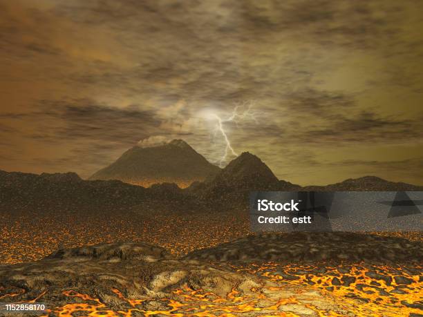 3d Illustration Of A Landscape Of Venus Stock Photo - Download Image Now - Venus - Planet, Volcano, Planet - Space