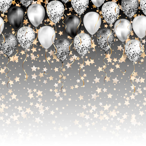 istock Background with stars confetti and black and white balloons as top border. Shiny glossy realistic 1152858471
