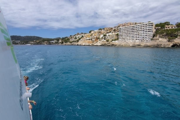 Hotel in Paguera from sea SANTA PONSA, MALLORCA, SPAIN - MAY 29, 2019: Hotel in Paguera from sea turquoise water on May 29, 2019 in Santa Ponsa, Mallorca, Spain. seaside views of cala fornells mallorca stock pictures, royalty-free photos & images