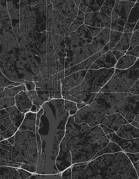 Vector illustration of Black City map, Washington DC, District of Columbia, US