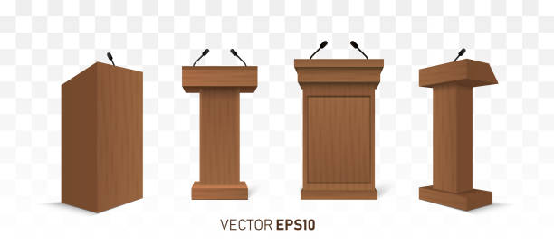 Vector wooden Podium Tribune Vector wooden Podium Tribune Rostrum Stand with Microphones Isolated wood podium stock illustrations