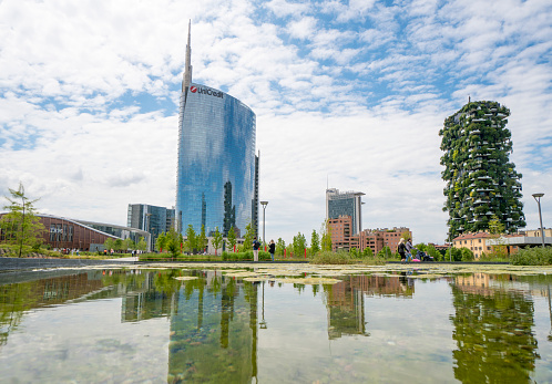Milan, Italy - May 26, 2019: the pond of the new public park called \