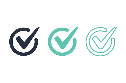 Check mark logo vector or icon vector illustration concept image icon. Access, right answer icons set for website ui, ux interface. Guarantee, correct choice or confirm sign. Checklist signage