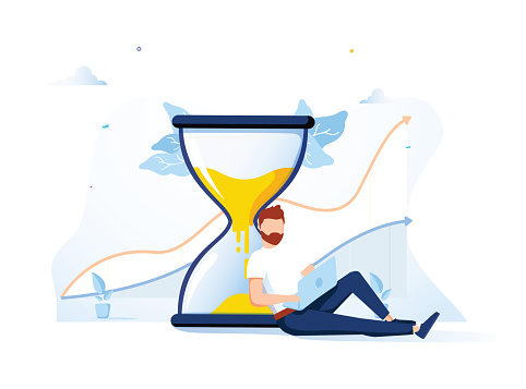 Happy man sitting near an hourglass and working on her laptop business process icons and infographics on background. Multitasking, productivity and time management concept. Flat vector. Management