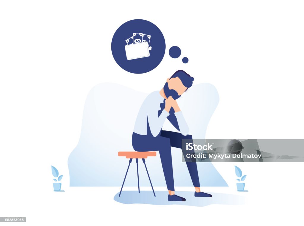 Money problem Financial Trouble Flat Illustration. Depressed Businessman in Need Cartoon Character. Economic Crisis Money problem Financial Trouble Flat Illustration. Depressed Businessman in Need Cartoon Character. Economic Crisis, Business Bankruptcy. Pressured Office Worker with Headache, Unpaid Loan Debt Currency stock vector