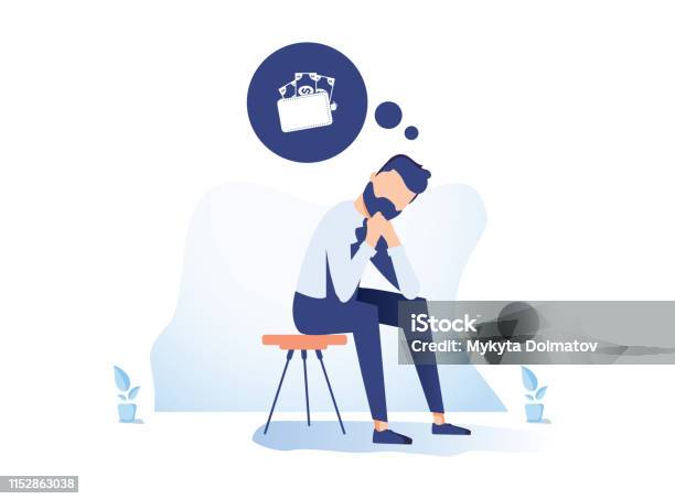Money Problem Financial Trouble Flat Illustration Depressed Businessman In Need Cartoon Character Economic Crisis Stock Illustration - Download Image Now