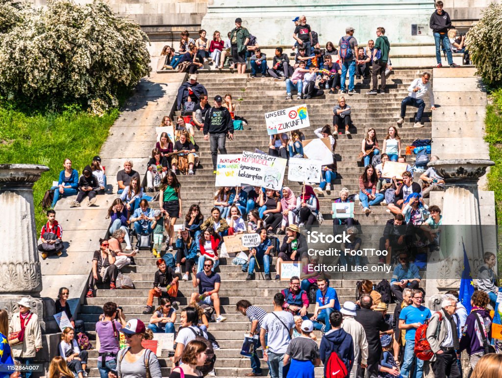Fridays for Future protest in munich Munich, Germany - May 24: "Fridays for Future" protest - Participants protesting against climate policy every Friday in Munich on the Theresienhohe on May 24,2019 Protest Stock Photo
