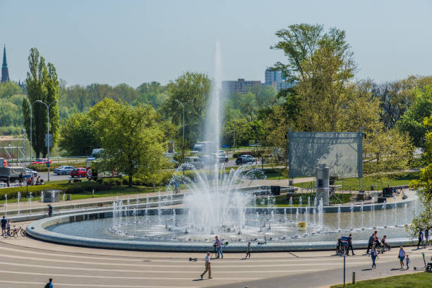 Warsaw Poland. April 2019. A view of the fountain Multimedia Park in Warsaw in Poland. Fountain complex with 367 water jets that create a light, sound & music show after dark