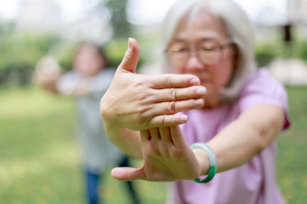 dames âgées faisant l’exercice dans le parc - tai chi photos et images de collection