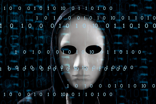 Computer hacker with a hood touches the touch screen binary code. Light waves on abstract binary software dark background hacker silhouette. Hacking computer system, database, data theft, vector