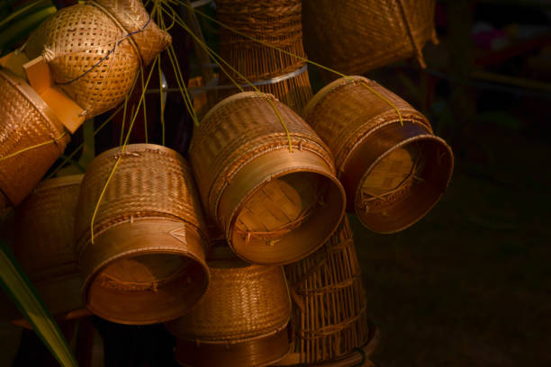 Wickerwork, handmade handicrafts made of bamboo Local wisdom of Southeast Asian people, Thailand, Laos, Myanmar, Cambodia, Vietnam, China, India, Malaysia