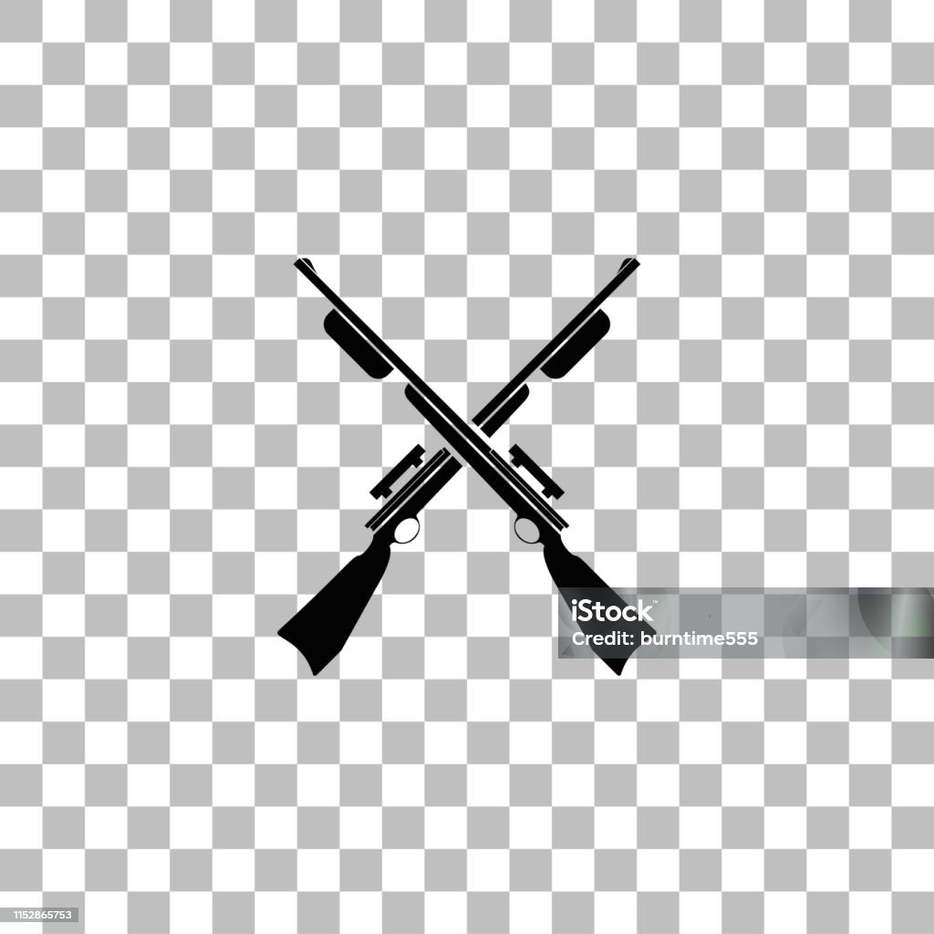 Crossed shotguns, hunting rifles icon flat Crossed shotguns, hunting rifles. Black flat icon on a transparent background. Pictogram for your project Aggression stock vector
