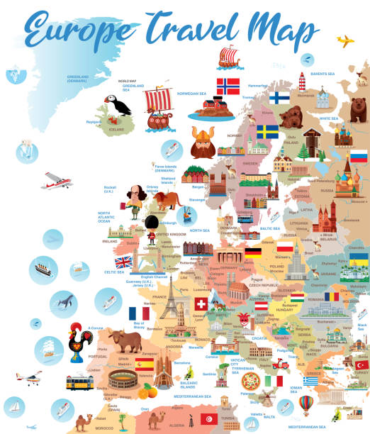 europ travel map - travel map famous place europe stock-grafiken, -clipart, -cartoons und -symbole