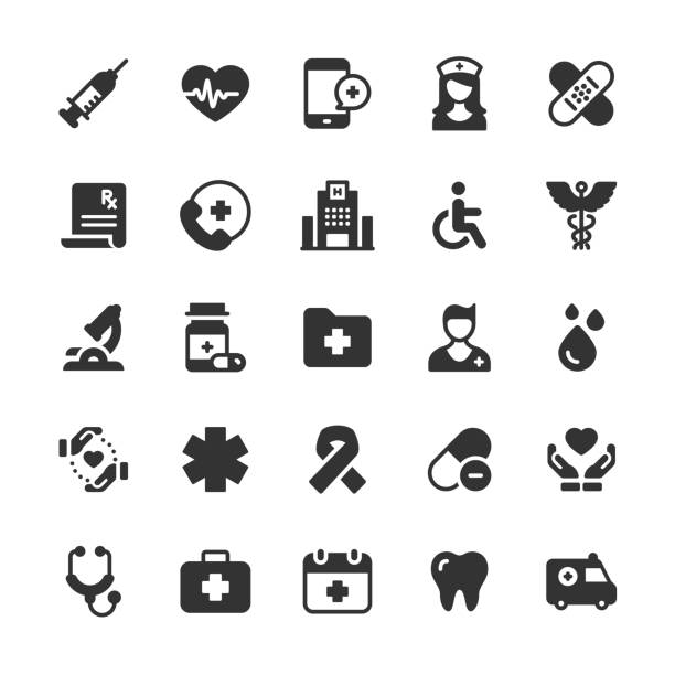 illustrazioni stock, clip art, cartoni animati e icone di tendenza di icone del glifo sanitario e medico. pixel perfetto. per dispositivi mobili e web. contiene icone come cervello, infermiera, siringa, beneficenza, ospedale. - cardiologo