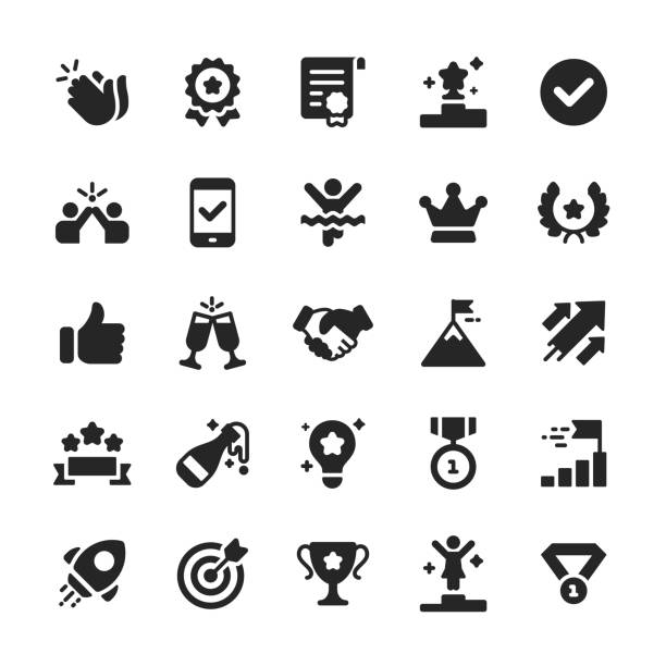 ilustrações de stock, clip art, desenhos animados e ícones de awards and success glyph icons. pixel perfect. for mobile and web. contains such icons as winning, applauze, trophy, handshake, crown, high five. - thumbs up business occupation competition
