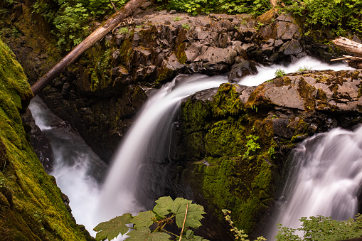 The tumbling waters at Sol Duc Falls, Olympic National Park, Washington, USA, long exposure create a blurred motion to the falls, nobody in the image