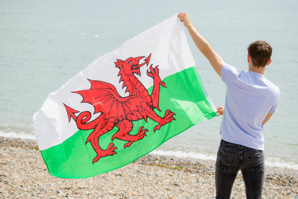 hombre caucásico en una playa sosteniendo una bandera galesa - welsh flag fotografías e imágenes de stock