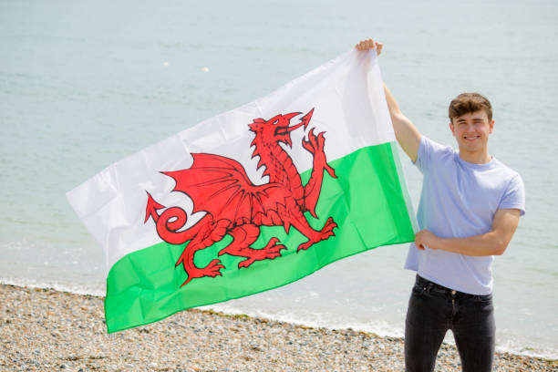 hombre caucásico en una playa sosteniendo una bandera galesa - welsh flag flag welsh culture all european flags fotografías e imágenes de stock