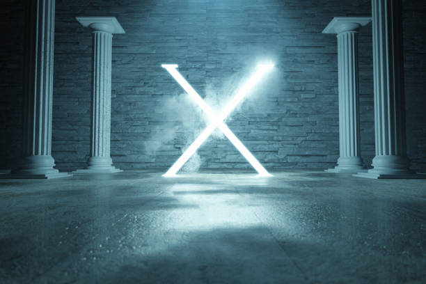 istock 3d rendering of blue lighten X alphabet shape surrounded by columns against stone wall 1152876952