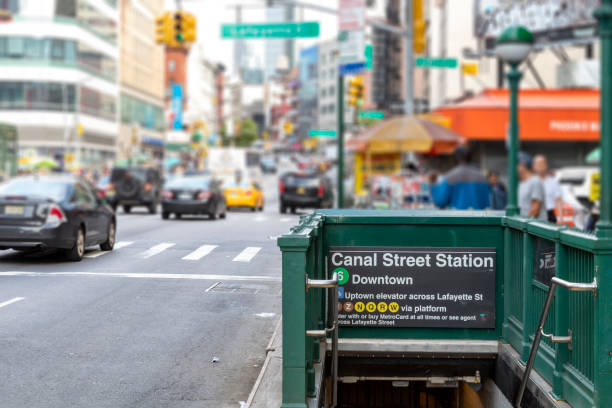 NYC Subway entrance on Canal Street in Manhattan New York City NYC Subway entrance to the 6 train station on Canal Street in Manhattan New York City soho new york stock pictures, royalty-free photos & images