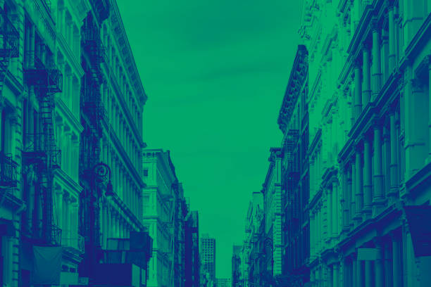 historic buildings on greene street in the soho neighborhood of manhattan in new york city in green and blue - black blue escape multi colored imagens e fotografias de stock
