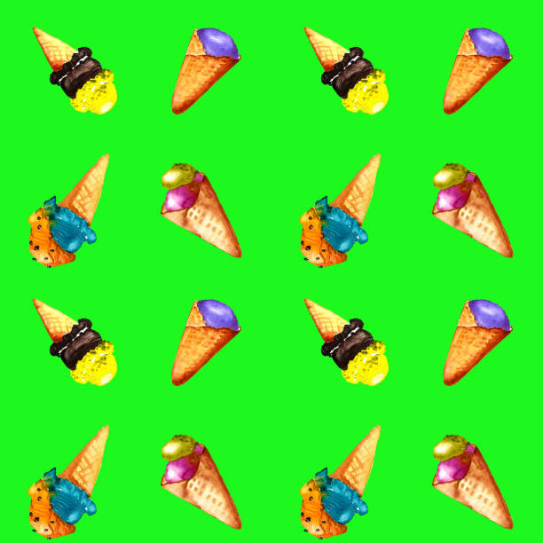 istock Ice cream in a waffle cup on neon green background. Seamless pattern ice cream watercolor summer. Hand drawn watercolor. 1152882472
