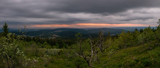 Panoramic view from the summit of the mountain Feldberg, the highest elevation of the Taunus mountains in Germany.