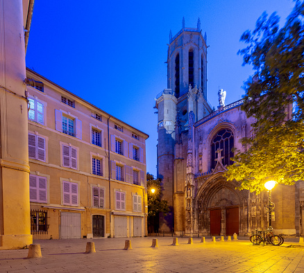View of the facade of the old Catholic cathedral in the night lighting. France. Provence. Aix-en-Provence.