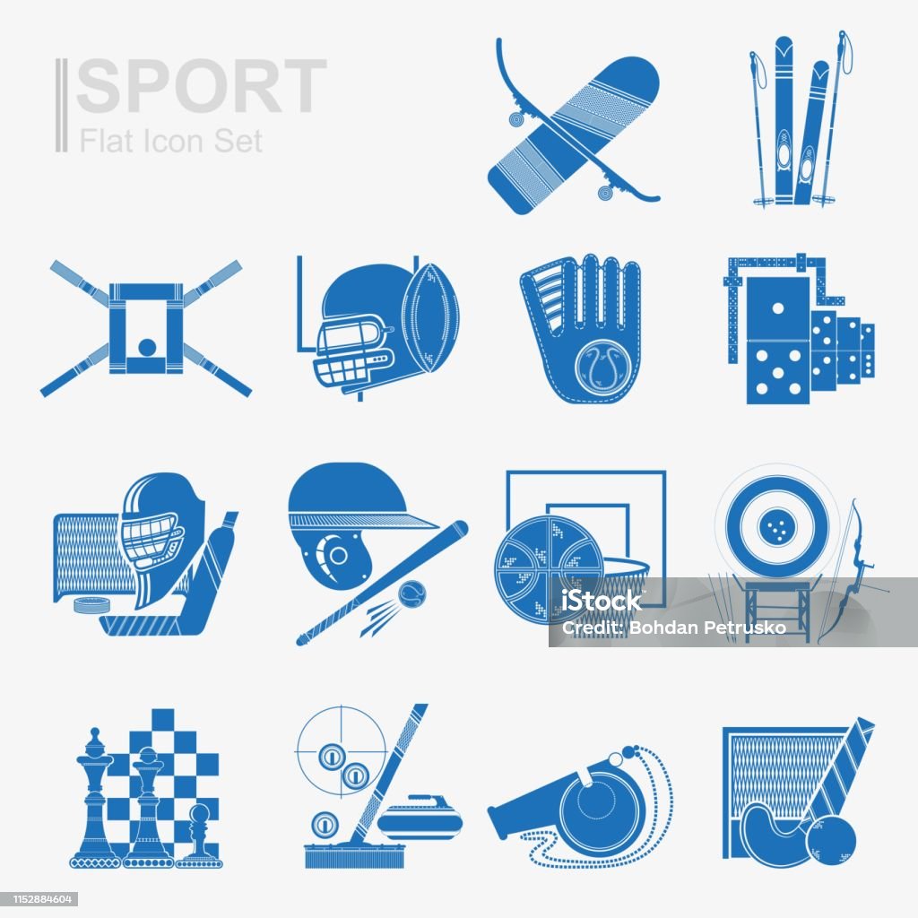 Set of flat design sport icon with isolated blue silhouette sport inventory, equipment Award stock vector