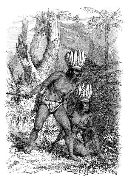 ilustraciones, imágenes clip art, dibujos animados e iconos de stock de los nativos de la tribu zaparo cazando en la costa del río givarana en la provinz para brasil - native american illustrations