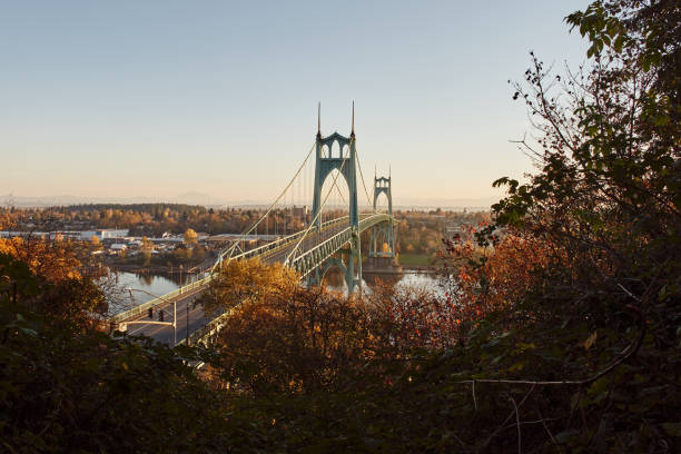 St. Johns Bridge over Willamette River in Portland Oregon at sunrise seen from Ridge Trail in Forest Park.