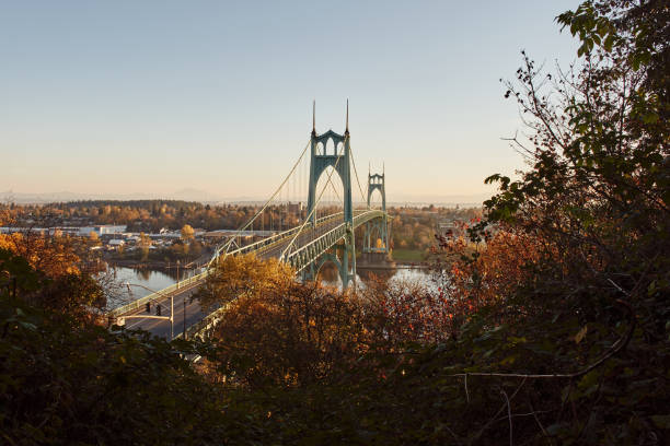St. Johns Bridge in Portland Oregon St. Johns Bridge over Willamette River in Portland Oregon at sunrise seen from Ridge Trail in Forest Park. johns stock pictures, royalty-free photos & images