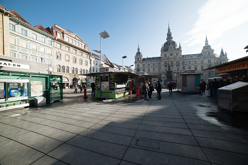 Graz, Austria - Circa 2018:  Food point at main square  circa 2018 in Graz, Austria.