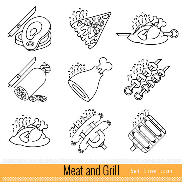 ilustraciones, imágenes clip art, dibujos animados e iconos de stock de conjunto de esquema de icono web simple. parrilla de carne barbacoa - spit roasted