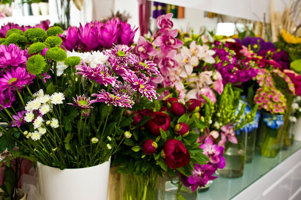 Colorful background of vibrant color flowers choice at a florist shop. Wide nagle view.