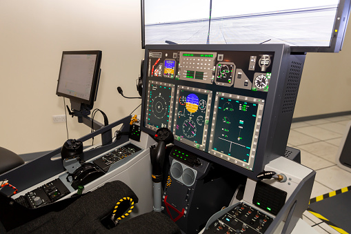 Fighter aircraft simulator training room. A flight simulator is a device that artificially re-creates aircraft flight and environment in which it flies, for pilot training, design, or other purposes.