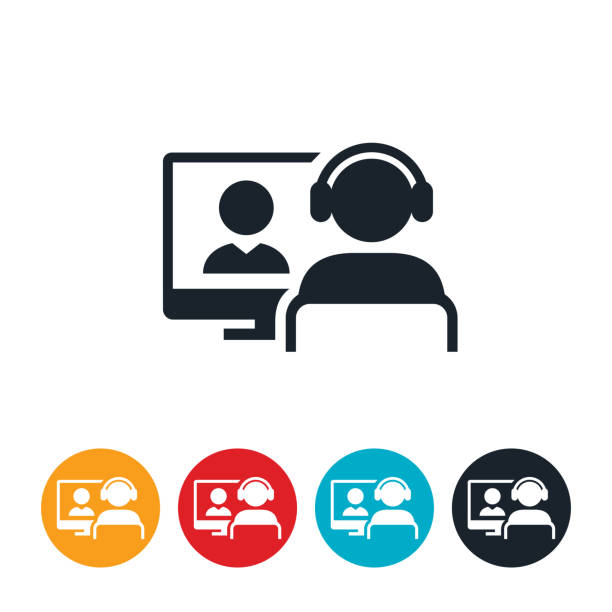 Webinar Icon An icon of a webinar instructor presenting an online class or training. video meeting stock illustrations