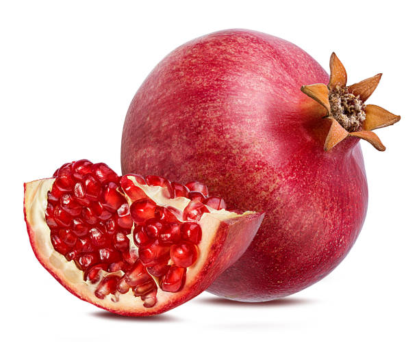 클리핑 패스와 흰색 배경에 고립 된 석류 - pomegranate fruit tropical fruit freshness 뉴스 사진 이미지