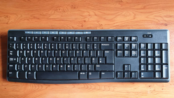 istock Aerial view of wireless keyboard for computer on desk with copy space 1152898556