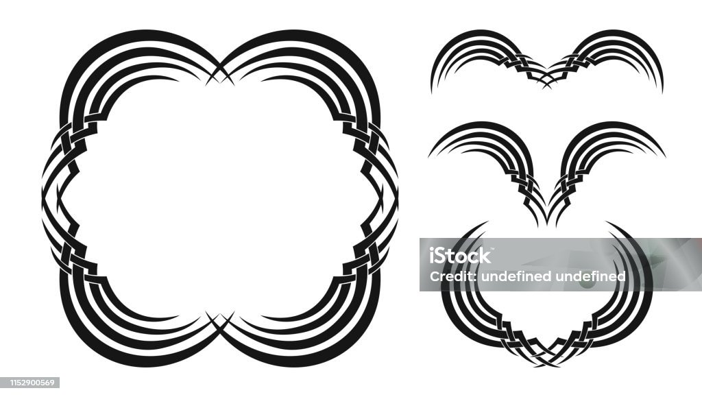 Set of four tribal tattoos (with frame and border). Set of four tribal tattoos (with frame and border). Isolated black vector illustration on white background Abstract stock vector